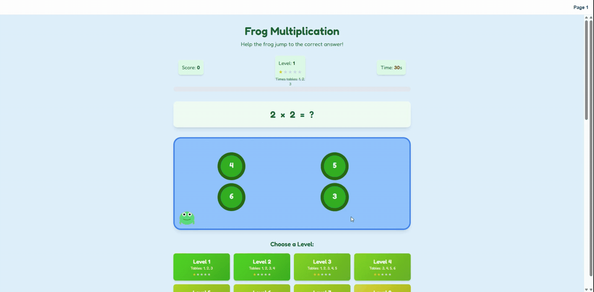 Frog Multiplication game: help the frog jump to the correct answer